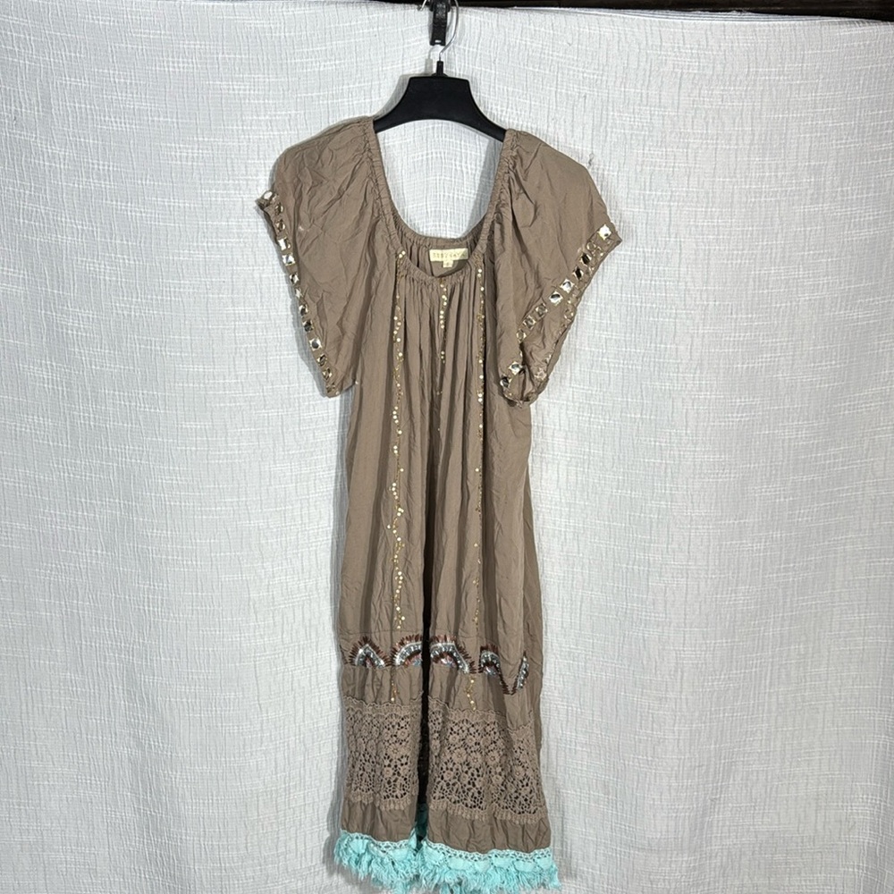 RUBYYAYA Embellished Boho Midi Dress Beaded Crochet Trim Off Shoulder‎ Viscose S